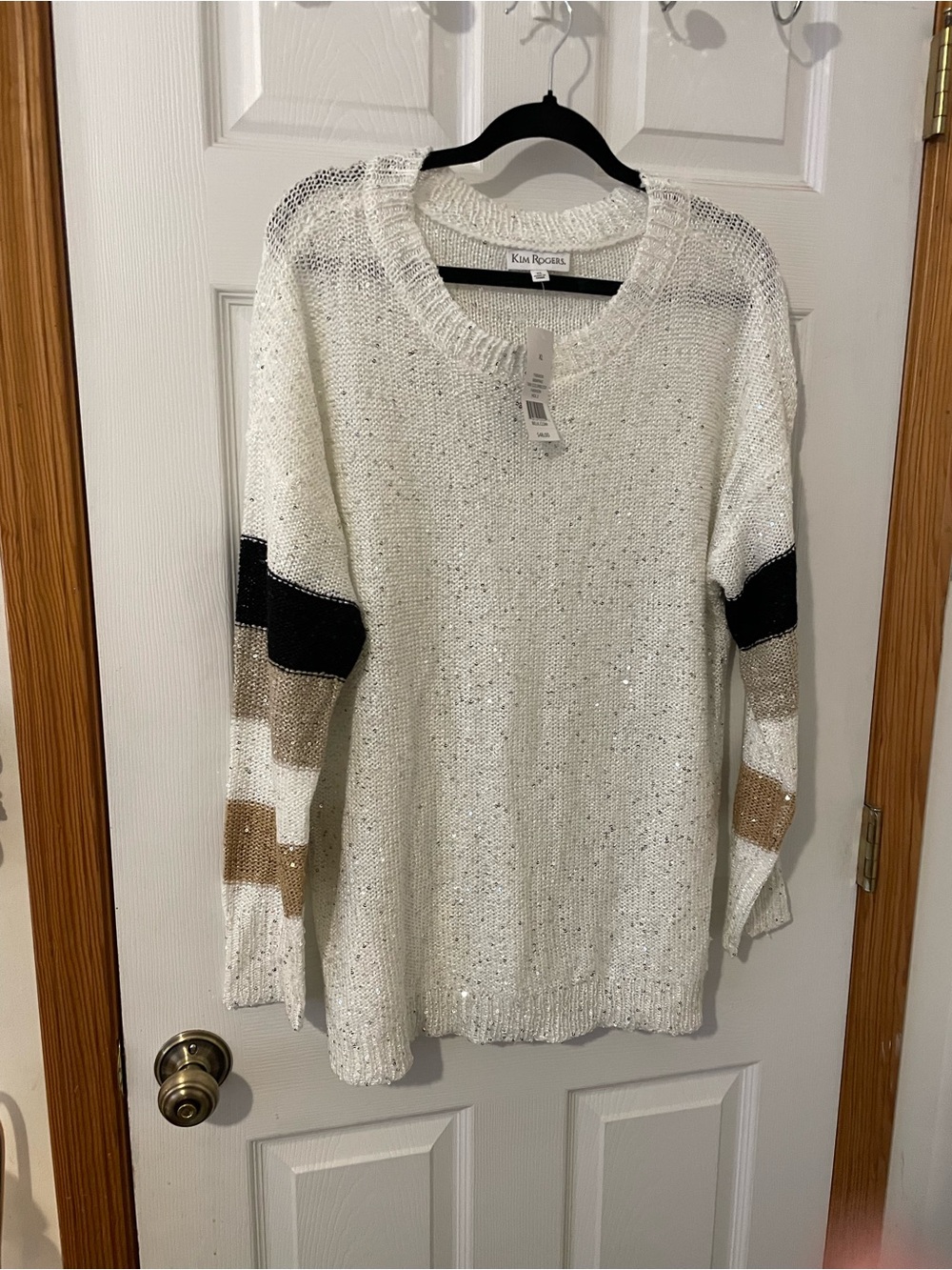 Kim Rogers Ivory Sequin Knit Sweater with Black and Tan Sleeve Stripes